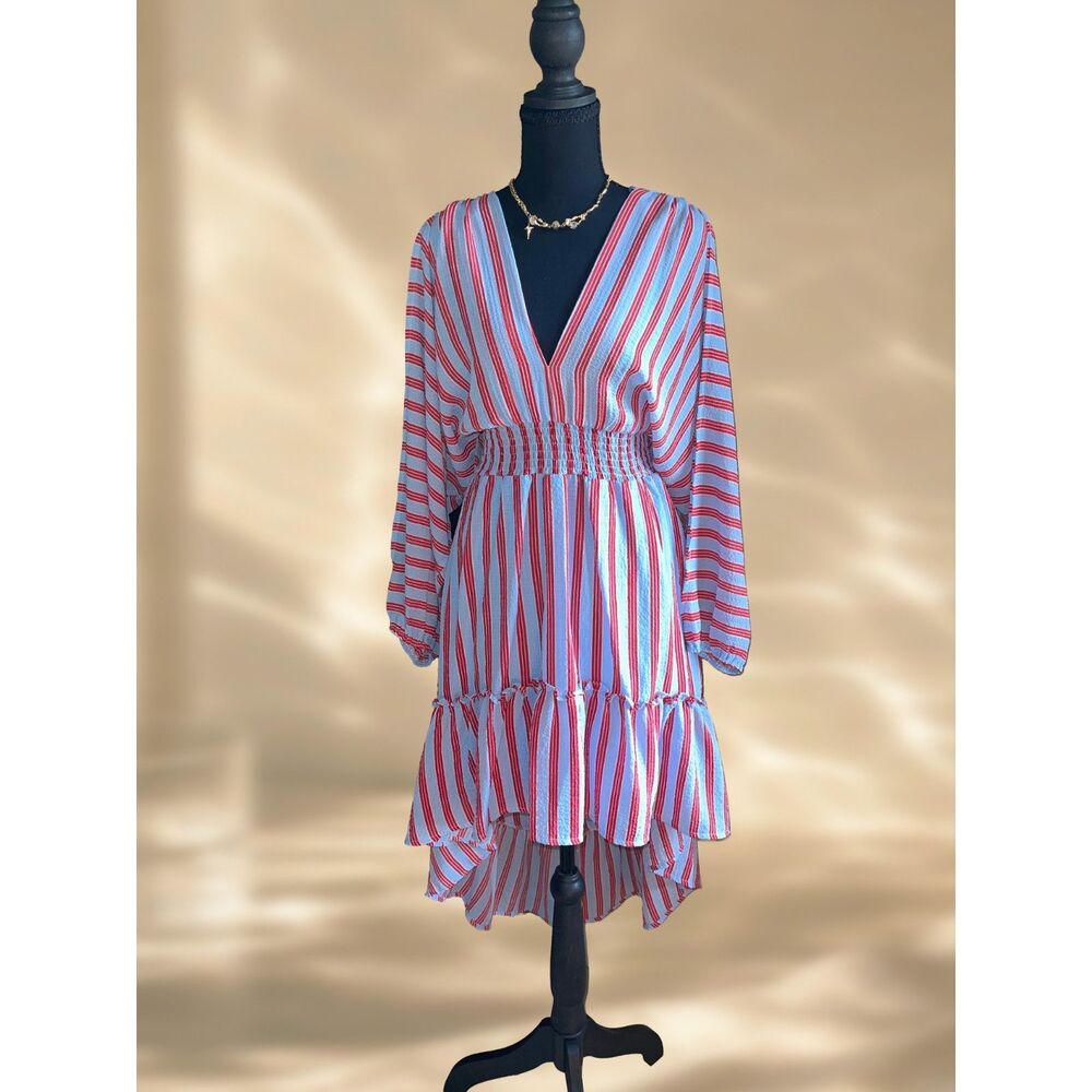 Flying Tomato Red Blue Striped Boho High-Low Dress Smocked Waist Vacation Small